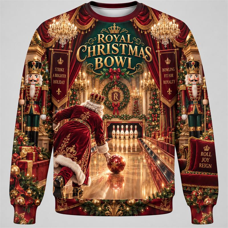 Christmas Bowling Unisex Sweatshirt Santa Snowman Reindeer Gingerbread Gnome Crewneck Xmas Pullover Holiday Sports Party Gift Fun Top