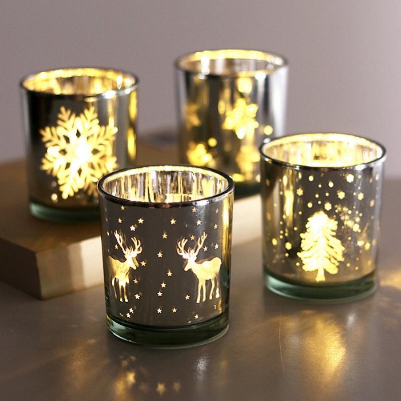 1pcMini Christmas Tree Elk Candle Cup Snowflake Glass Candle Holder Christmas Gift Store Home Dining Table Decoration Ornament