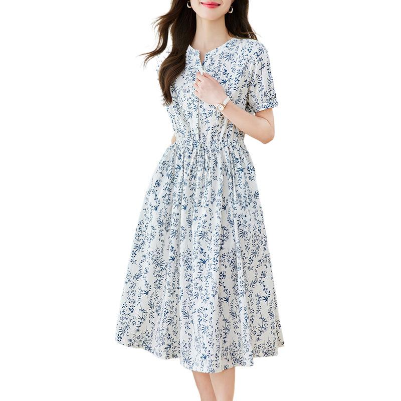French Retro Round Neck Short-sleeved Floral Dress Summer New Cotton Medium and Long Shirt Skirt