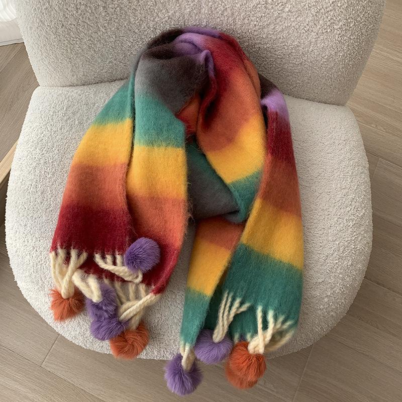 Dopamine Color Striped Handmade Hairball Warm Scarf Women's Winter Thickened Cold-proof Couple Scarf Shawl
