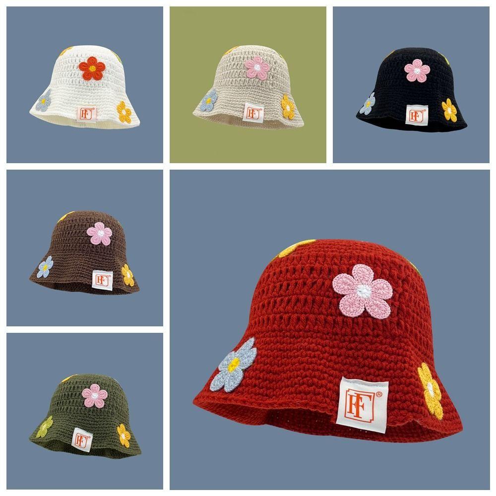 Korean Style Beanies Hat Handmade Bucket Hat Casual Flower Knitted Hat  Outdoor