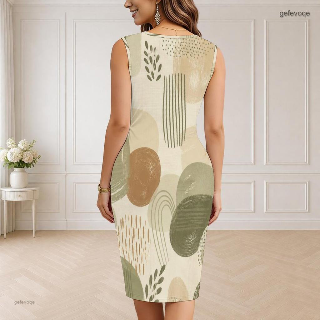 Women Plus Size V Neck Sleeveless Multicolor Printed Bodycon Midi Dress