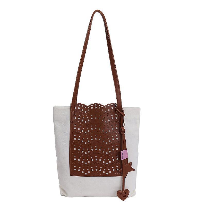 

Korean Niche Design Large-capacity Canvas Bag Personalized Retro Stitching Contrasting Color Commuting Underarm Shoulder коричневий