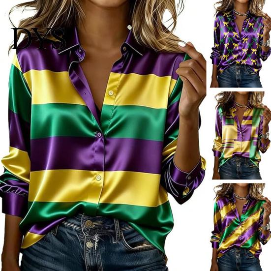 Comfortable Mardi Gras Tee Women Shirt Lapel Long Sleeve Striped Print Tops Buttons Vibrant Festival Placket Loose Fit Carnival Outfit Party