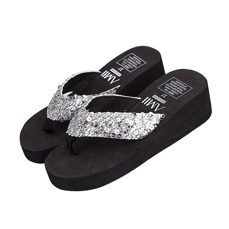 2024 Women Summer Sequins Flip Flops Woman Beach Bohemian Slippers Ladies Platform Mid Heels Shoes Sapato Feminino 785kj