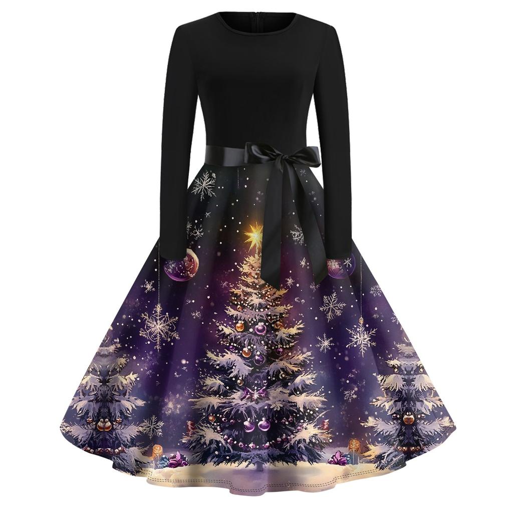 Damen Vintage Classic Kleid Langarm Weihnachtsdruck Rundhals Swing Kleid