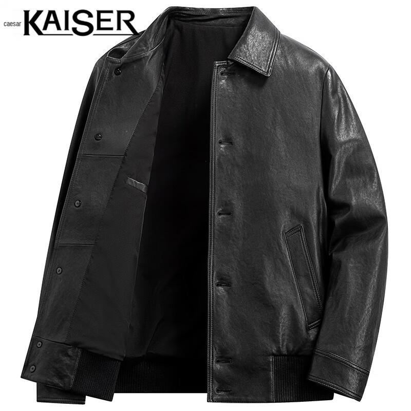 KAISER Men's Genuine Sheepskin Lapel Motorcycle Leather Jacket