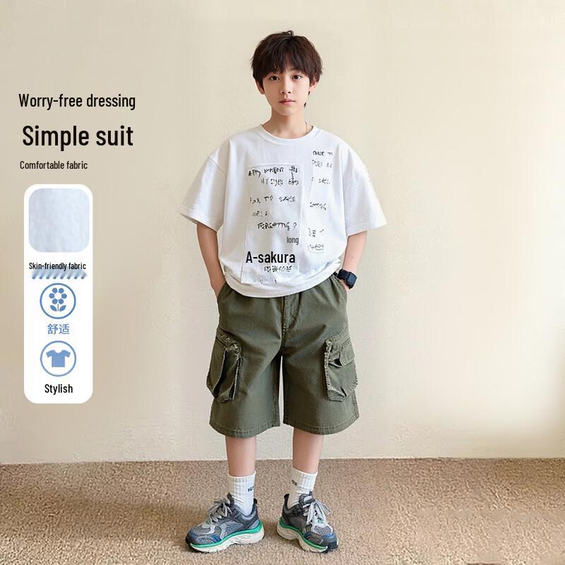 Boys  Summer Letter Print T-shirt & Work Shorts Set 170