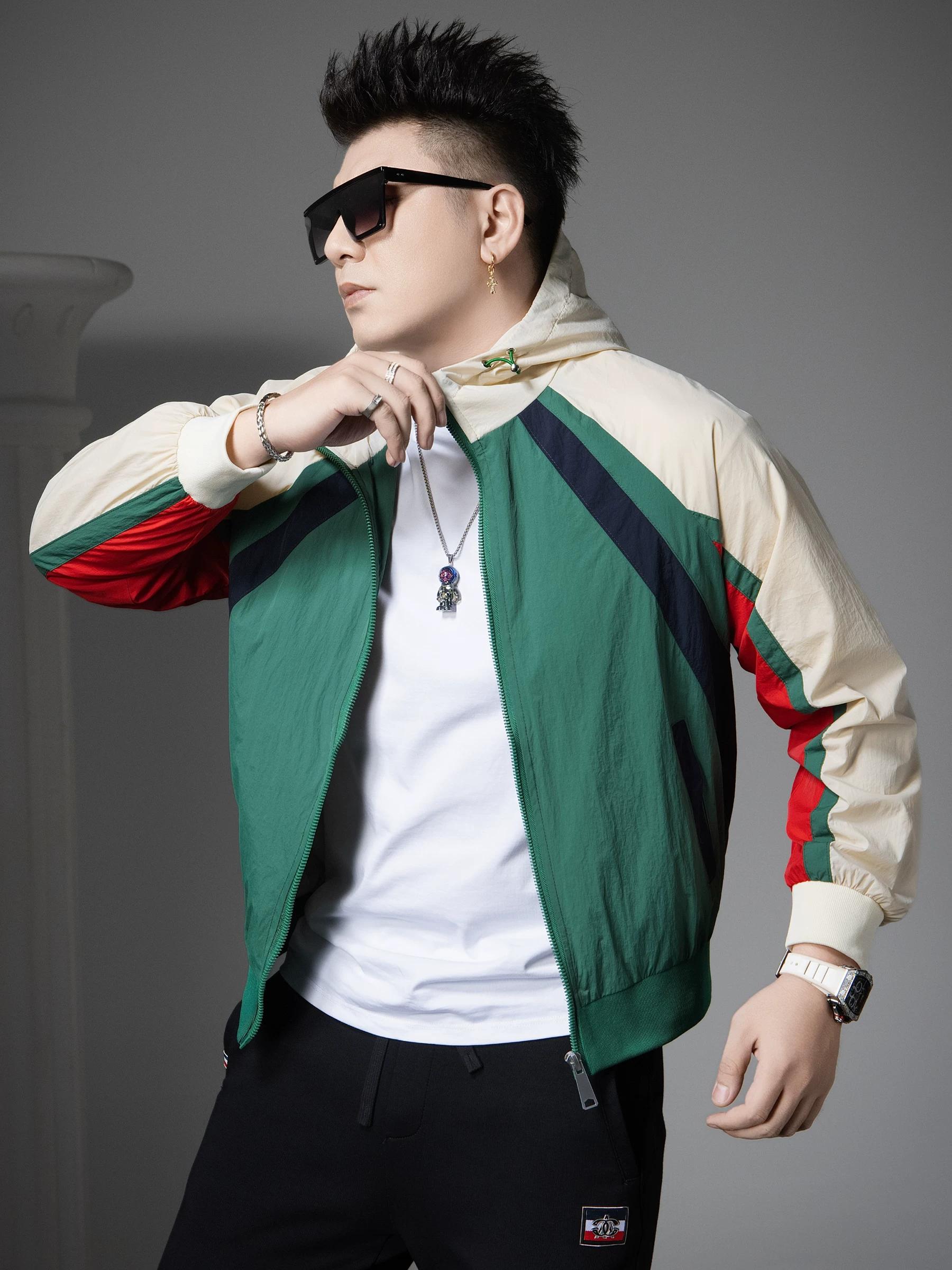 European Goods Trendy Brand Contrast Color Patchwork Casual Jacket Men s Top Autumn 2025 New Trendy Hoodie Men s 5XL зелёный