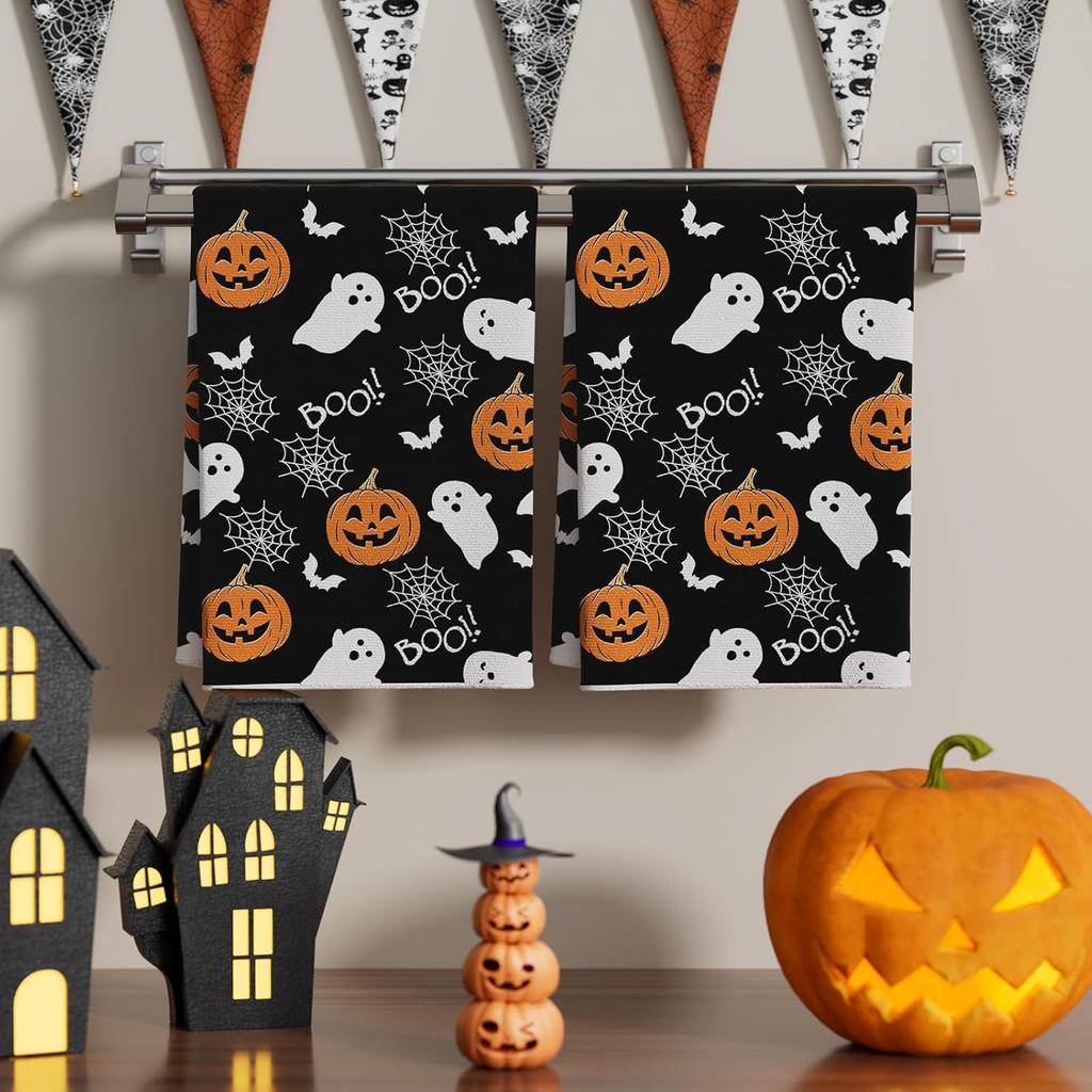 XCHI Halloween Spooky Ghost Black Kitchen Towels Dish Towels 18x26 Inch Home Kitchen Decorations Hand Towels Set of 2 Drying Dishcloth