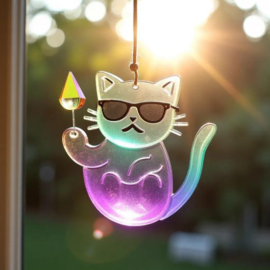 6 Pcs Cat Sun Catcher 2D Flat Acrylic Kitten Pendant Cats Wearing Sunglasses