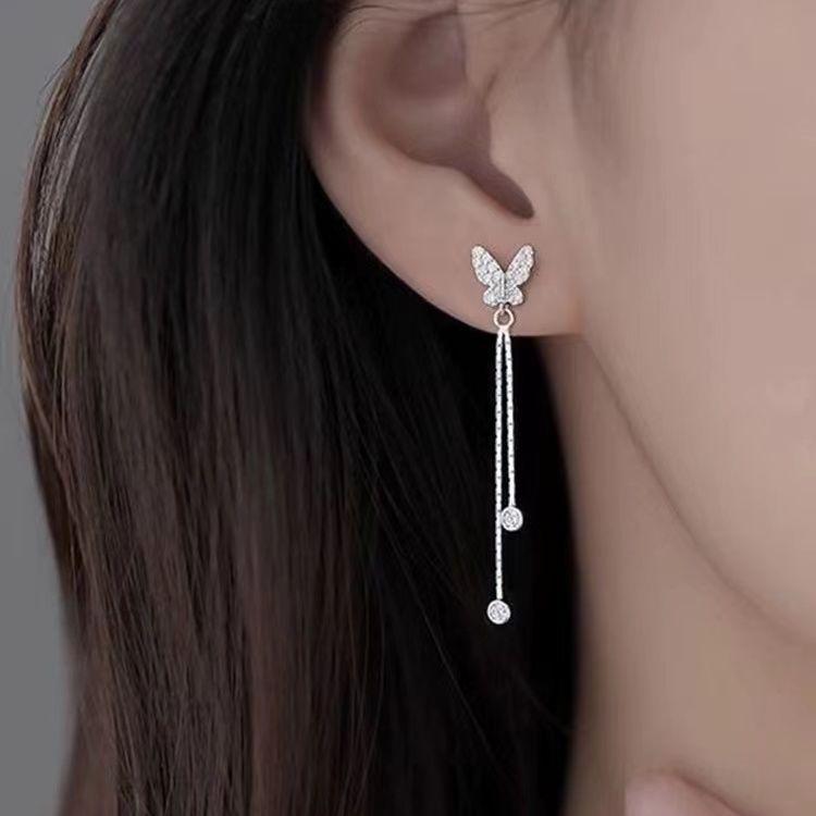 999 Pure Silver Butterfly Tassel Stud Earrings - Elegant Summer Trend