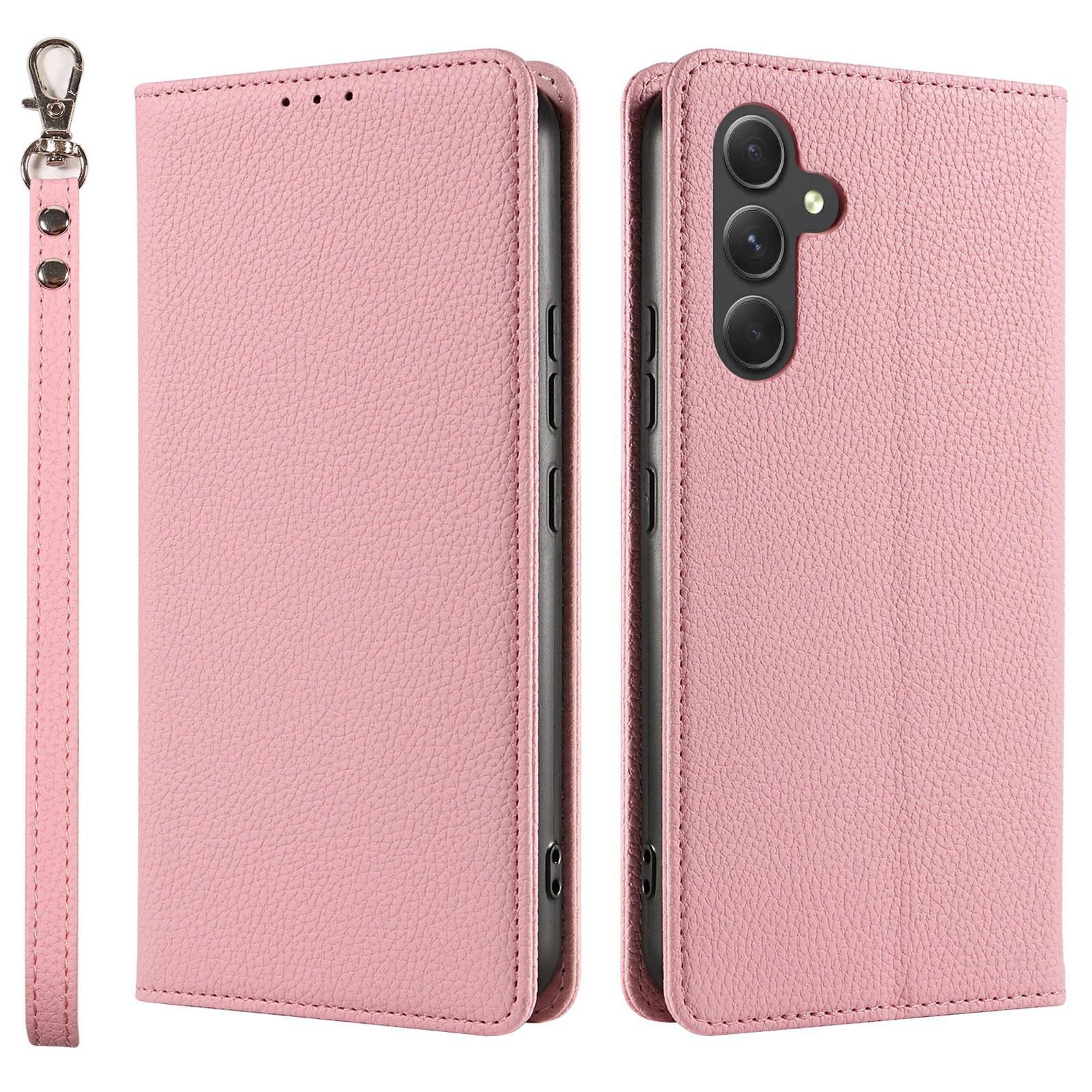 

For Samsung Galaxy S24 FE Case Magnetic Litchi Texture Wallet Leather Phone Cover with Wrist Strap Pink