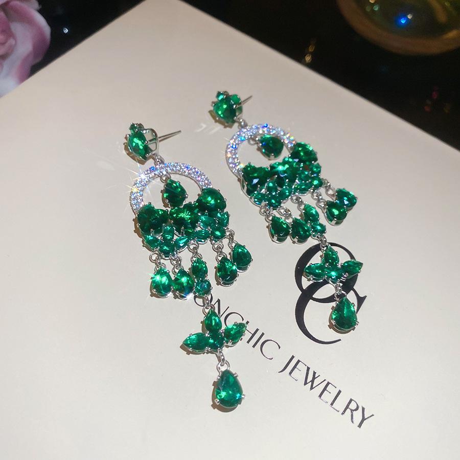Emerald diamond leaf fringed earrings light luxury stud earrings women's European and American earrings