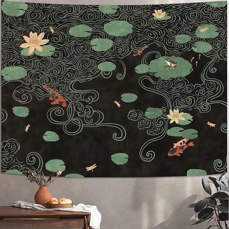 Lifeella Japanese Tapestry, Koi Pond Tapestry, Abstract Lotus Lily Wall Hanging, Zen Nature Aesthetic Art Wall Decor for Bedroom Living Room Dorm, 48 L x 36 W чёрный