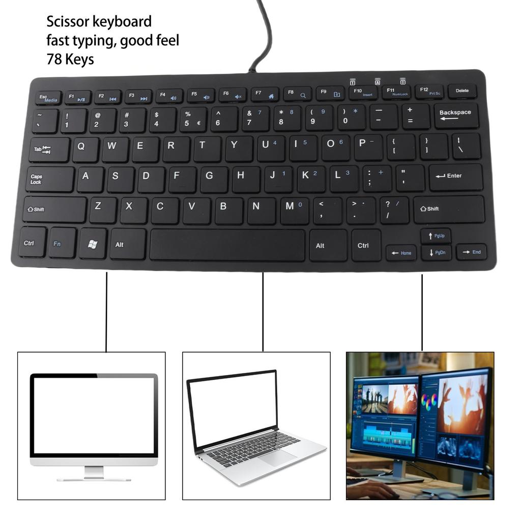 USB-Tastatur mit Kabel 78 Tasten Dünn Tragbar Rutschfest Tastatur für Laptops Desktops