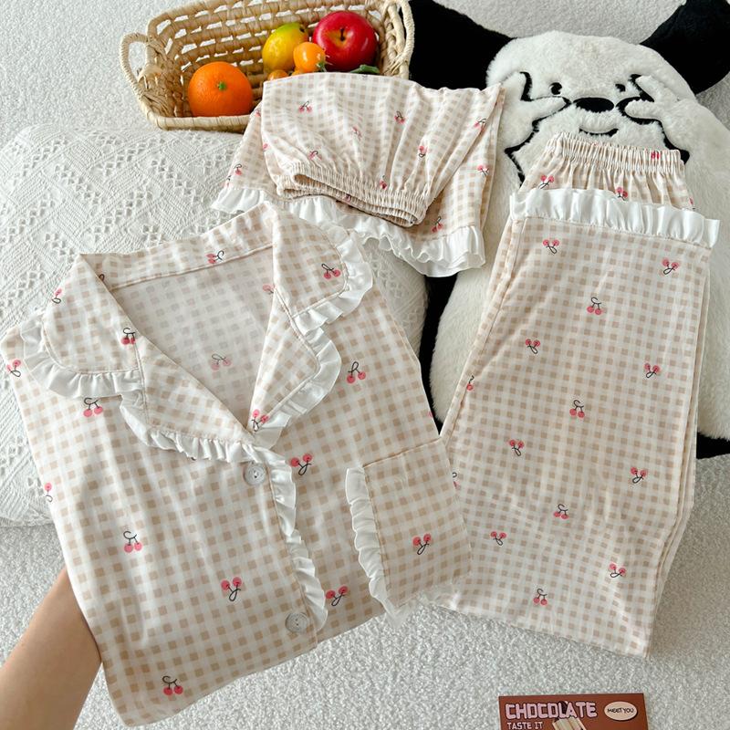 

Милая маленькая клетчатая пижама с короткими рукавами и вишенками для женщин, летний сладкий комплект из трех предметов для дома с оборками и листиками 2XL