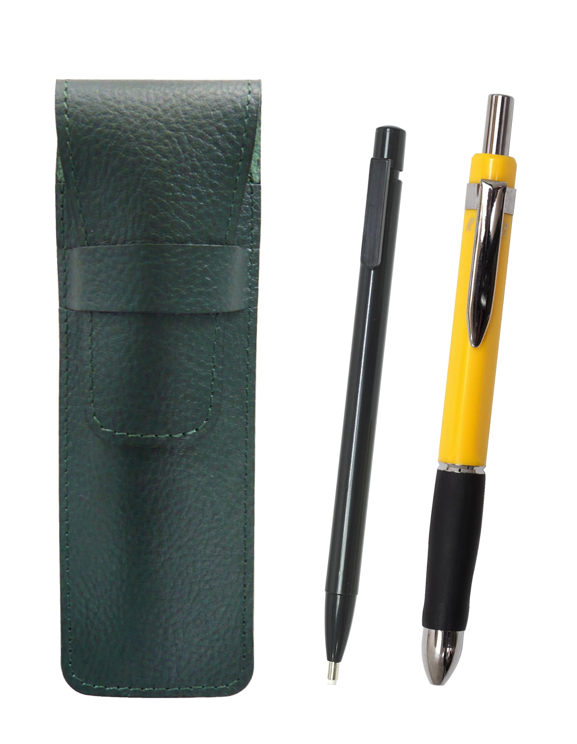 

Moss green grained leather pen black and triangle labar yellow case, ultra-fine knock-type eraser, 3-meka set, SASMGER15B-TR3M-Y