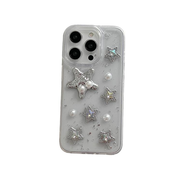 Sequin Silver Foil Epoxy Mobile Phone Case For Iphone17Promax Pearl Apple 14 Rhinestones 16 Stars Transparent