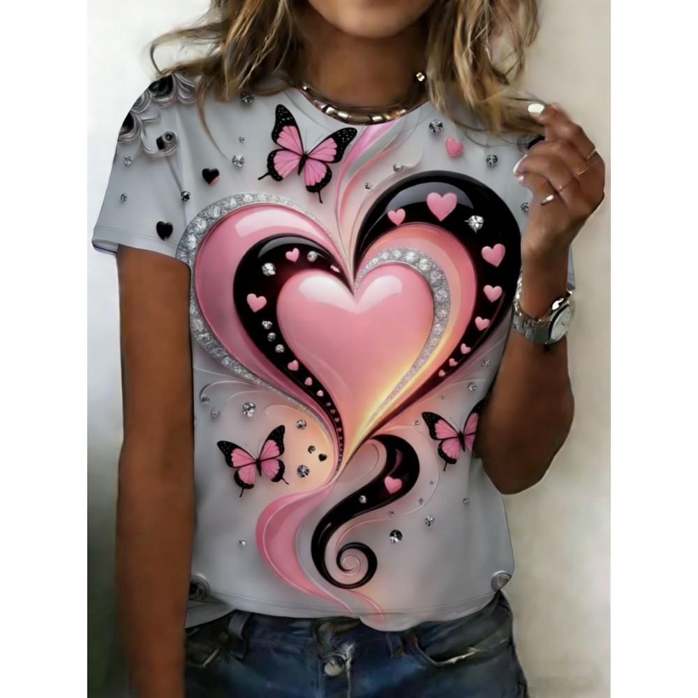 Heart-patterned Strawberry 3D Print Women's Round Neck Short-sleeved T-shirt, Loose Fit Top, Women's Clothing