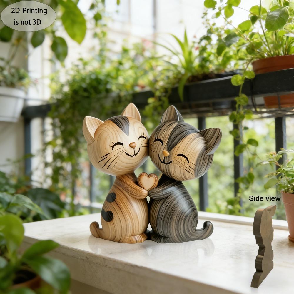 Wooden Kitten Couple Sculpture 2D Flat Art Piece Wood Grain Elegant Desktop Entrance Decor Romantic Gift for Wedding Anniversary