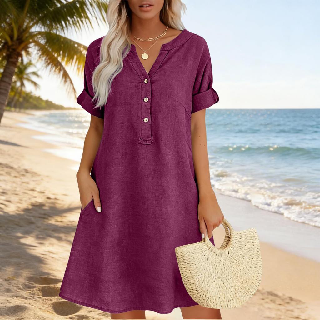 Womens V Neck Button Down Short Sleeve Loose Fit Linen Tunic Dress with Pockets Casual Summer Dress