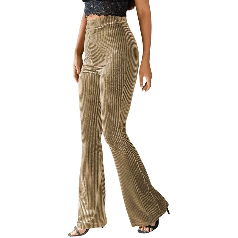 Graceful Personality New Arrival European and American Women's Clothing Fashion Sexy Pure Color High Waist Pleuche Sunken Stripe Bell-Bottom Pants