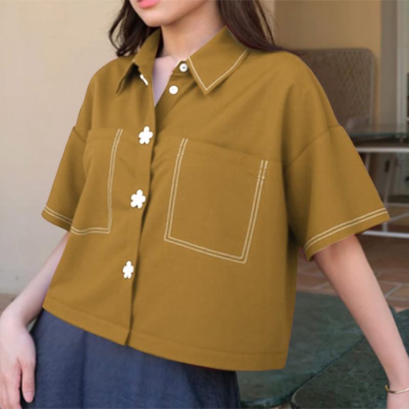 

ZANZEA Женская блузка с отложным воротником, свободного кроя, с коротким рукавом, в повседневном стиле 5XL хаки