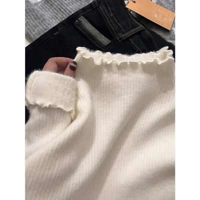 Wood Ear Edge Knitted Sweater Women's Autumn and Winter Stacked Wear Integrated Velvet Warm Small Stand-up Collar Inner Top Bottom Long Sleeves