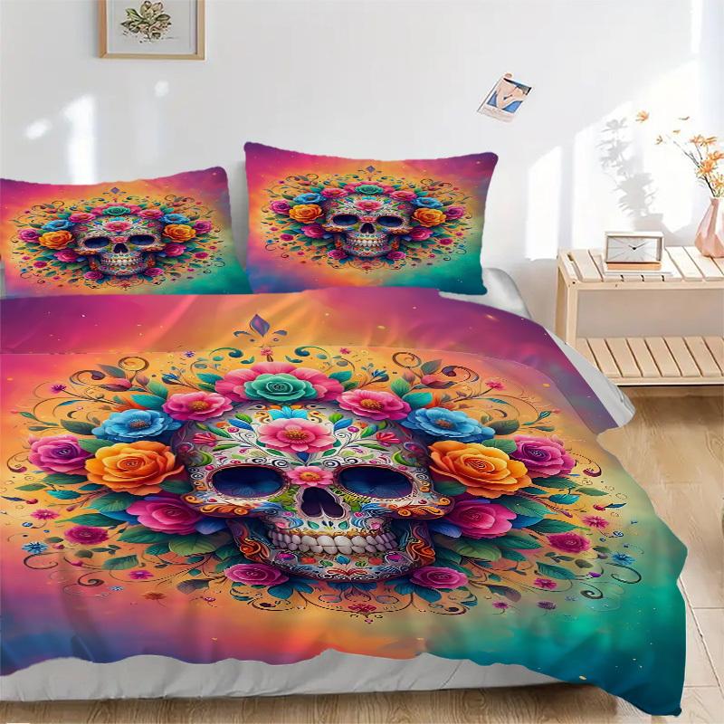 3PCs Sugar Skull Artwork Design Cover Set, Breathable Fabric, Machine Washable (1 Duvet Cover + 2 Pillowcases) (Without Quilt) Yy250911079
