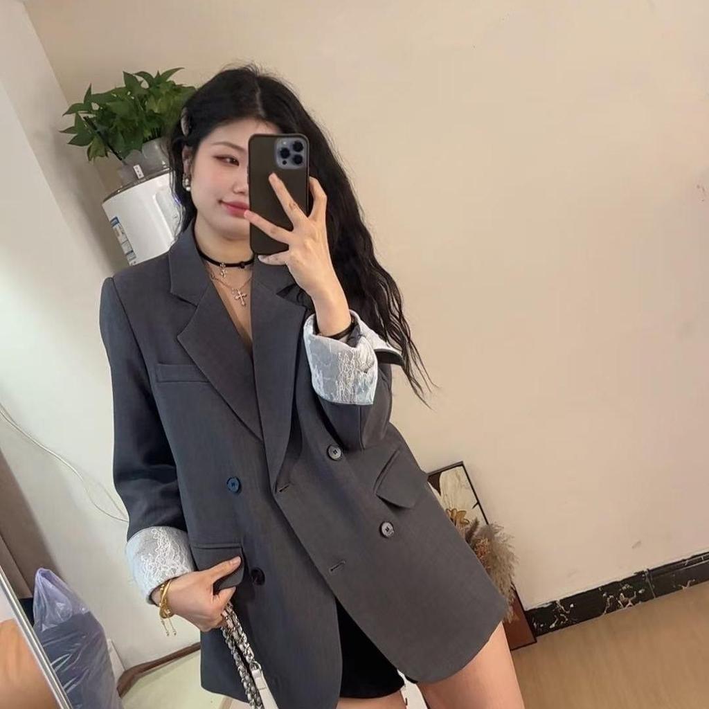 Trendy Spliced Blazer Spring Autumn Korean Style Loose Casual Suit Jacket Women Lace Trim Fashion Office Wear