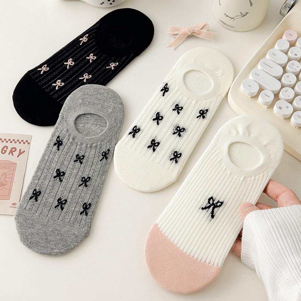 Socquettes nœud papillon, Maille respirante style ballerine pour femme, Antidérapantes, Antibactériennes, Talon anti-dérapant, Chaussettes courtes invisibles à décolleté bas