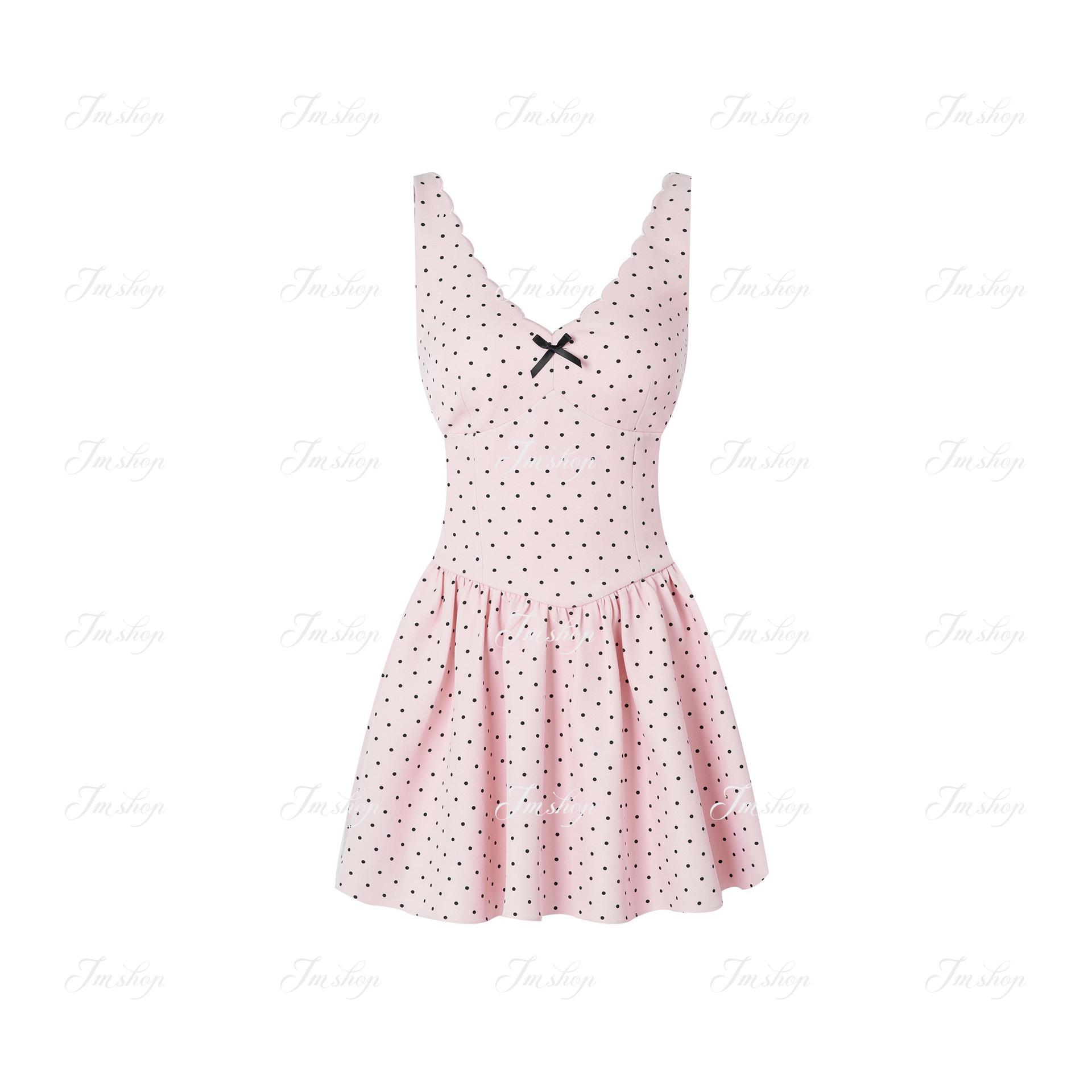 Sweet Dream Overture: Sweet and youthful polka dot print dress for women, summer waist-cinching slimming short skirt S