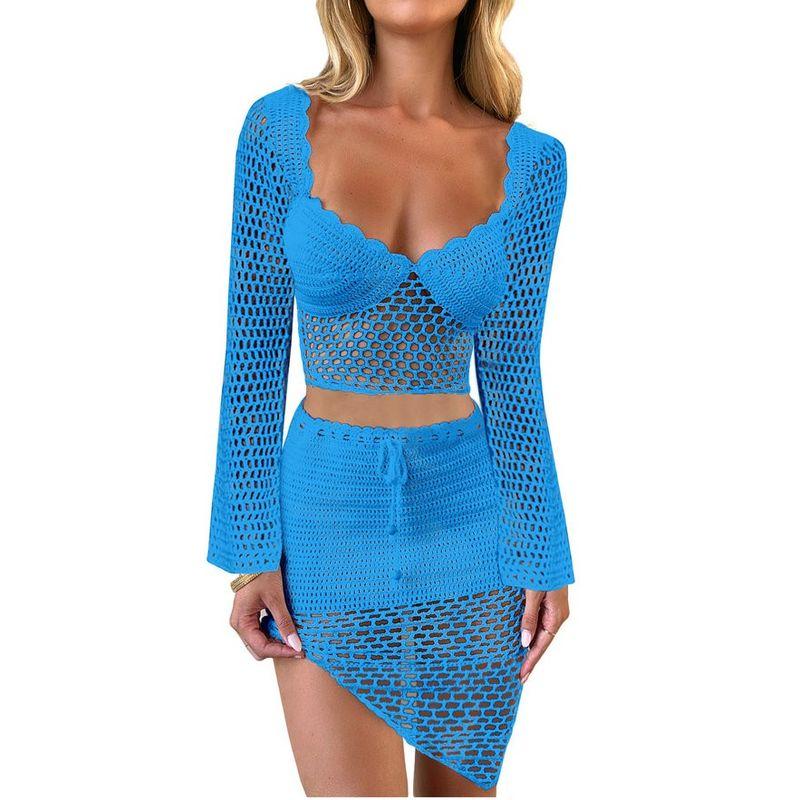 Versatile European and American Women's Clothing Low-Cut Sexy Cut Out Long Sleeves Midriff-Baring Top Asymmetrical Skirt Knitting Suit