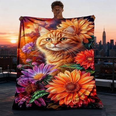 1pc Cat Flowers Outdoor Personalized Flannel Blanket, Soft, Lightweight Personalized Flannel Blanket, Digital Printing,