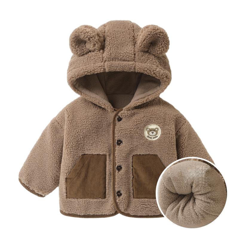 

Детское пальто с капюшоном для детей 1-5 лет, теплая плюшевая верхняя одежда, застежка на пуговицы 90