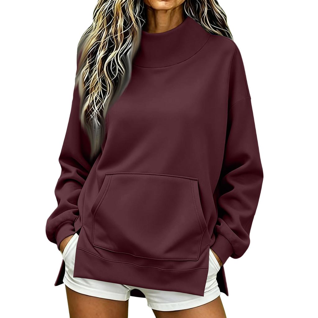 Women's High Neck Side Slit Sweatshirt Lightweight Loose Fit Long Sleeve Pullover for Fall
