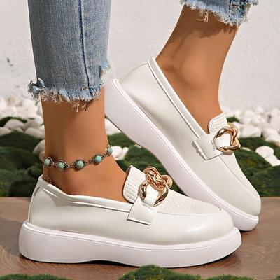 Fashion Women's Chain Decor White Platform Loafers Thick Sole Pu Leather Casual Shoes Woman Comfortable Slip On Walking Shoes Plus Size