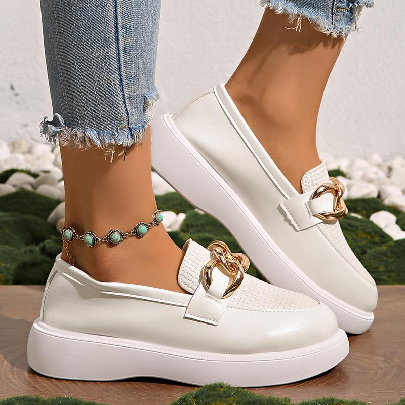 Fashion Women's Chain Decor White Platform Loafers Thick Sole Pu Leather Casual Shoes Woman Comfortable Slip On Walking Shoes Plus Size