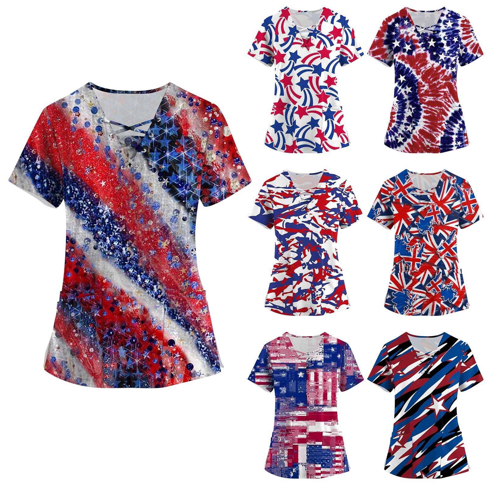 

Женская мода с коротким рукавом и v-образным вырезом на шнуровке с карманом и принтом ко Дню независимости