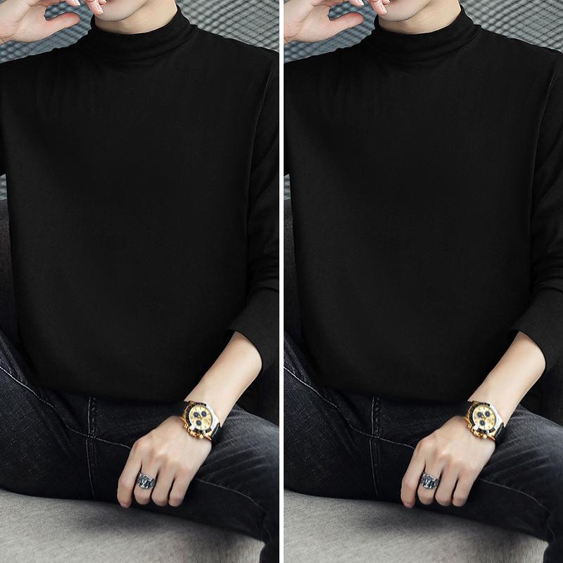 Men's Long Sleeve Cotton T-Shirt, Semi-High Neck, Solid Color Base Layer for Autumn/Winter