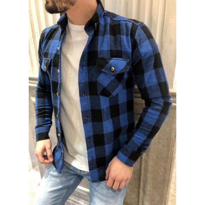 Camisa Casual de Hombre de Manga Larga a Cuadros con Cuello