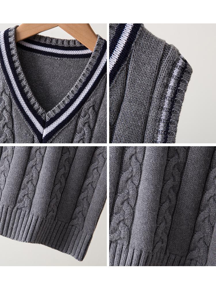 Strikket ermeløs vest for barn: Vår & Høst College-stil Skoleuniform