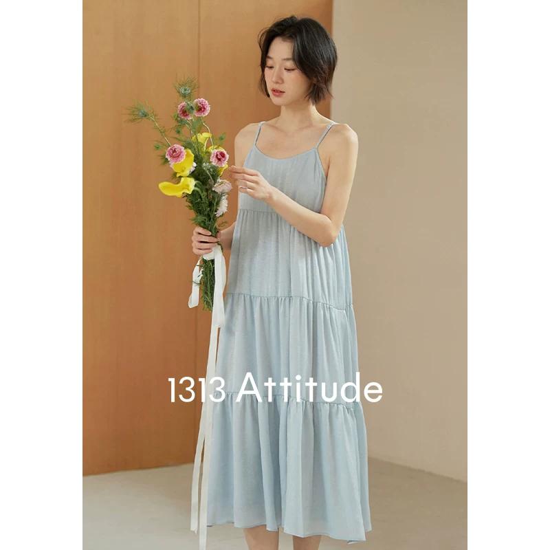 

Holiday wind light blue cake suspender skirt early spring women s thin long dress dress M