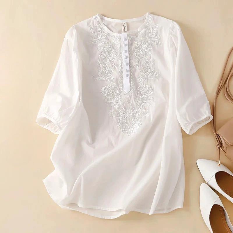 

Женский топ из тонкого хлопка и конопли с короткими рукавами, лето 2025 г., в стиле ретро, с вышивкой и круглым вырезом 2XL белый