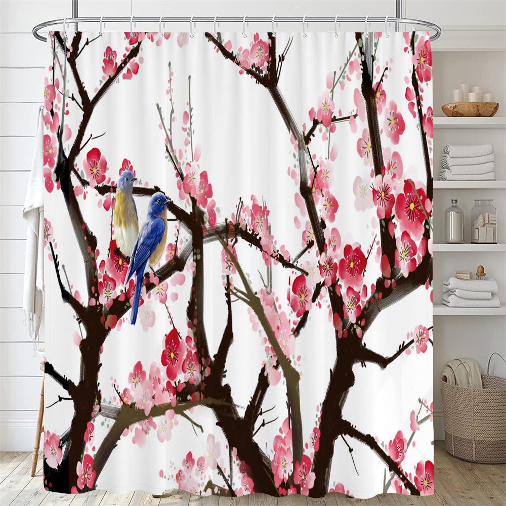 Japanese-Style Flowers Plum Blossom Shower Curtains Bathroom Curtain Frabic Waterproof Polyester Bath Curtain With Hooks