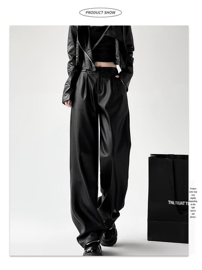 Women's 2025 Black Leather Wide-Leg Slimming High-Waisted Pants