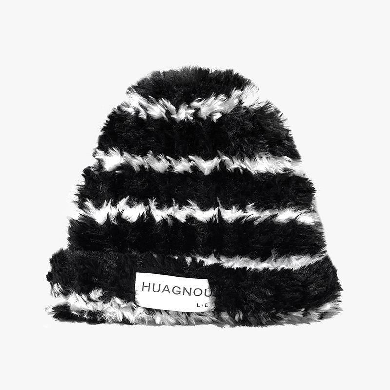New Hat for Women Korean Style Stripes Showing Face Small Fluffy Warm Wool Hat Big Head Around Ear Protection Pile Hat Men's Trendy