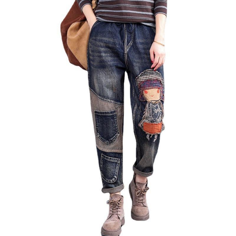 Jeans larghi da donna con elastico in vita, casual, taglie forti, vintage, con toppa ricamata, pantaloni Harlem vecchi