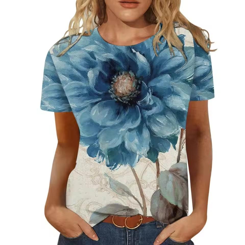 Summer Round Neck 3D Flower Dragonfly Print Top Fashionable Casual Short Sleeved Women's T-shirts